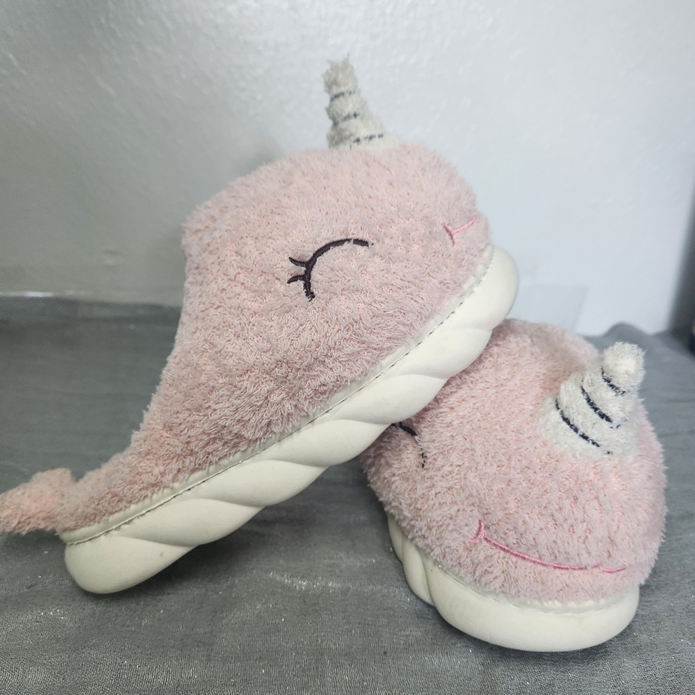Moodpop Pink Narwhal Plush Slippers Women 6.5‎ - 7 Novelty Faux Fur Whimsical